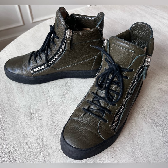 Giuseppe Zanotti Olive Green Leather Double Zip High-Top Sneakers Size 42
